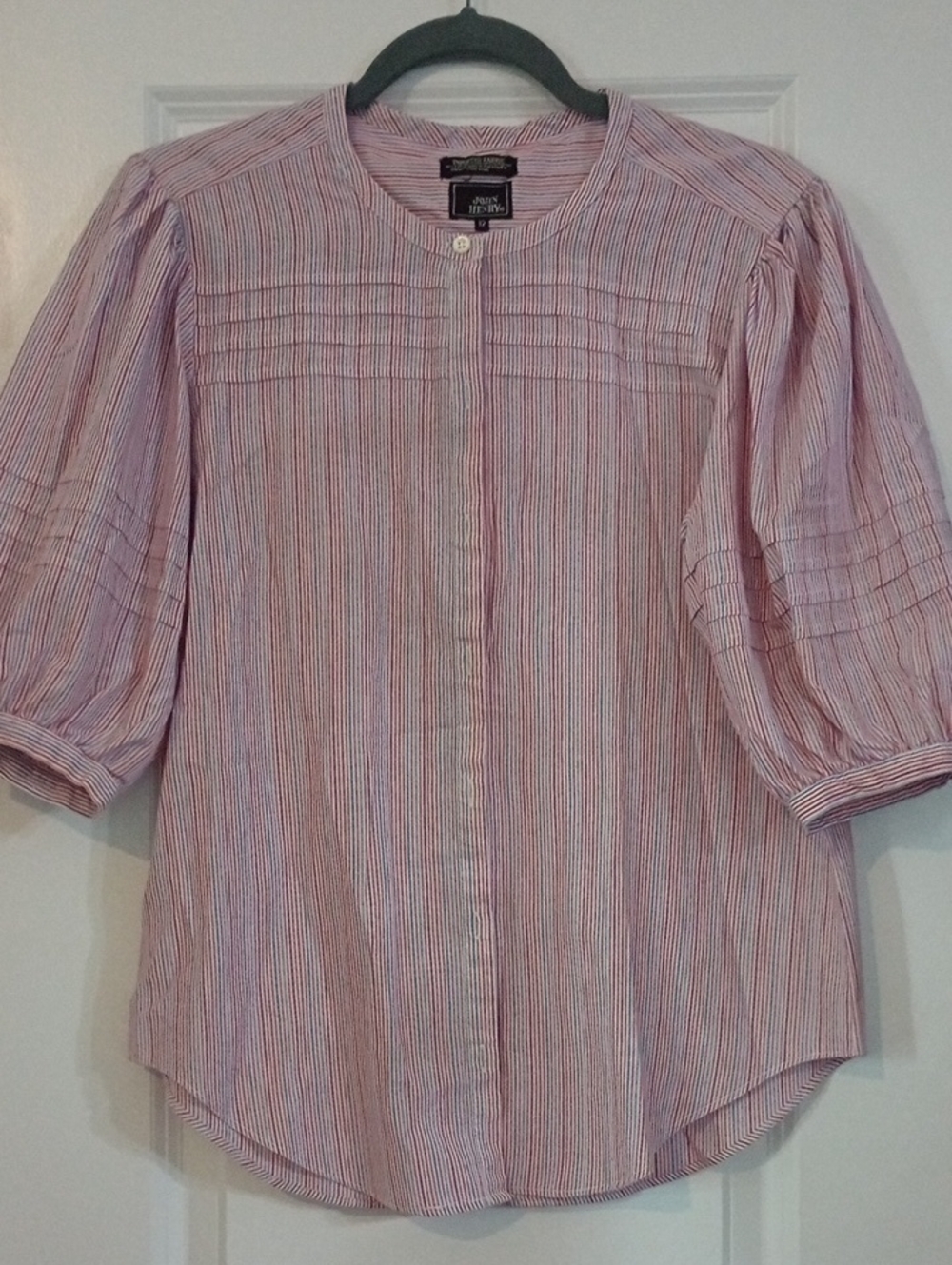 John Henry Vintage 1980s Preppy Pink Striped Pintuck Button-Down Blouse Size 12